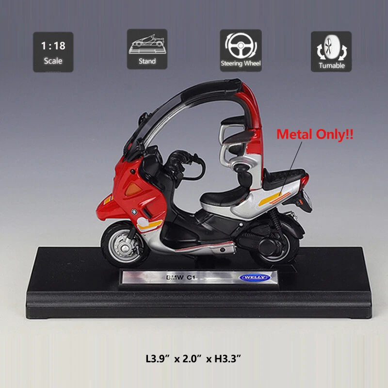 1/18 BMW C1 Motorcycle Model Diecast Scooter Model Toy Vehicle for Kids Boys Red - Image 2 of 4