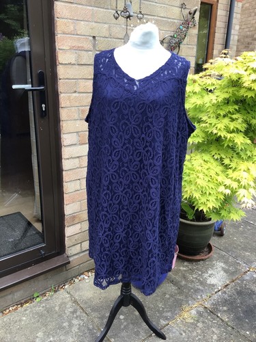 ladies smart navy blue sleeveless lined stretch lace dress size 28, chest 54"