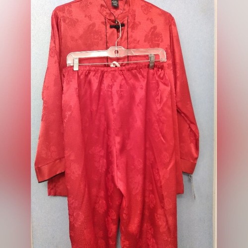 Halston Red Floral Pajama Set Mandarin Collar Sleepwear Loungewear Size L - Picture 3 of 4