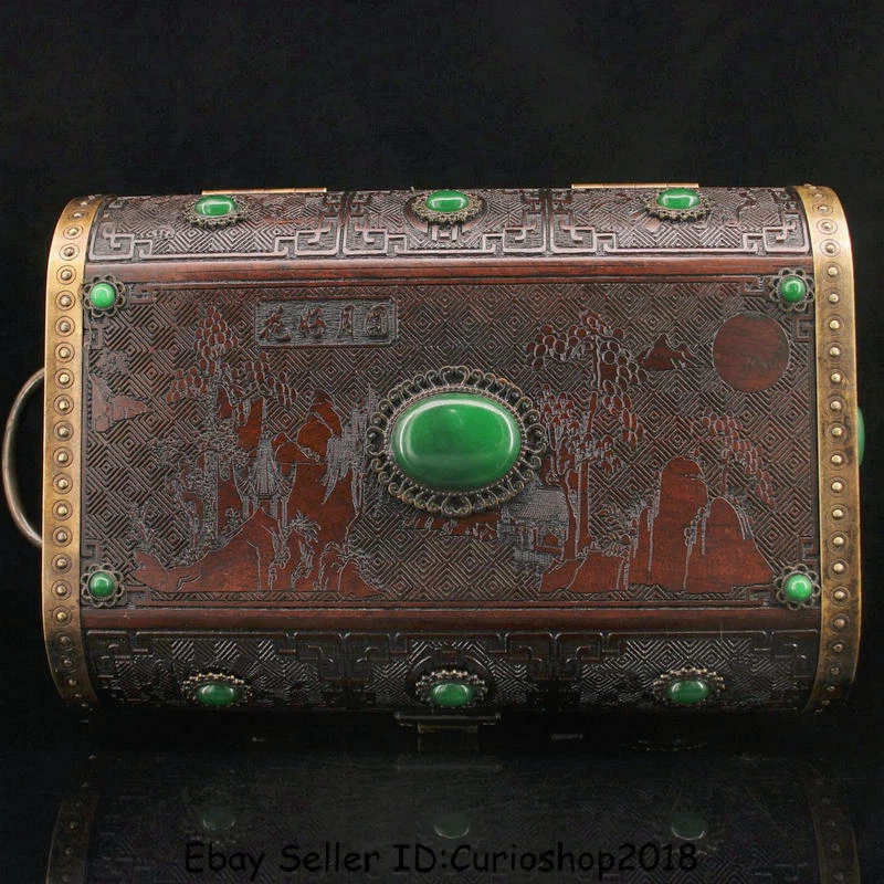 10.2" Antigua China Incrustación de Palo de Rosa Gema Verde Dinastía Palacio Mango Joyero Cofre Foto 4 de 4