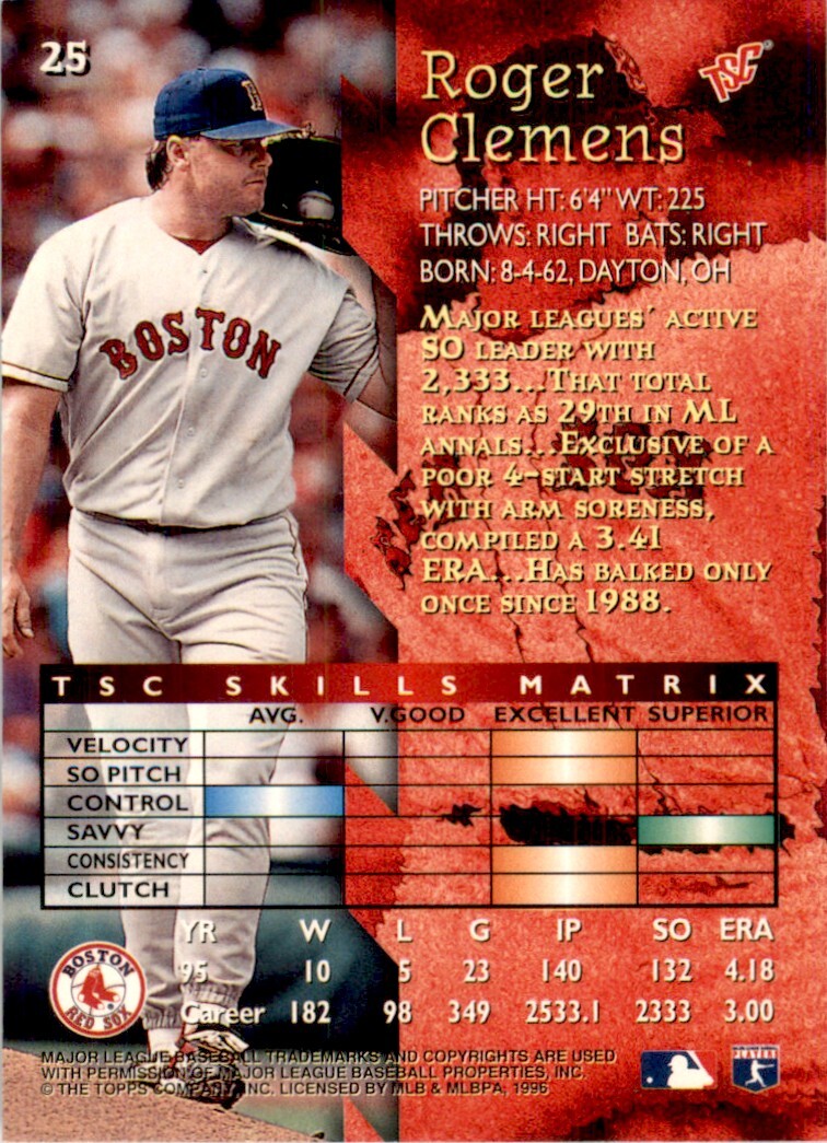 1996 Topps Stadium Club Roger Clemens Boston Red Sox #25 MLB