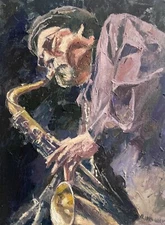 OIL PAINTING Canvas Impressionism  Collectible IDKOWIAK Saxophonist Music Jazz