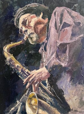OIL PAINTING Canvas Impressionism  Collectible IDKOWIAK Saxophonist Music Jazz