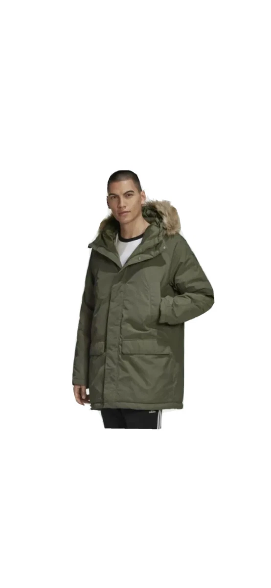 Adidas PAD Fur Parka Men Jacket Hooded Long Sz X Large Green Trefoil Logo