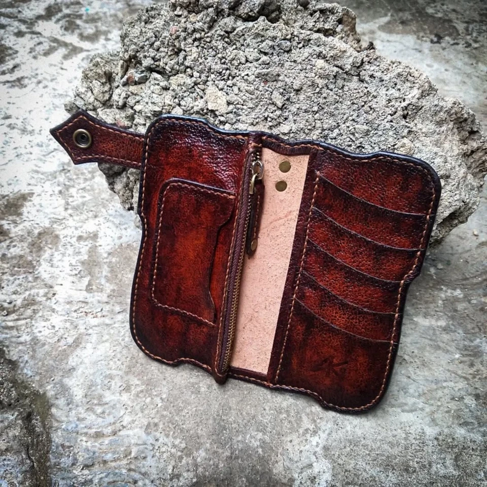 Raven skull tooled wallet, Carved skull leather long biker wallet, Motor wallet - Image 4 of 4