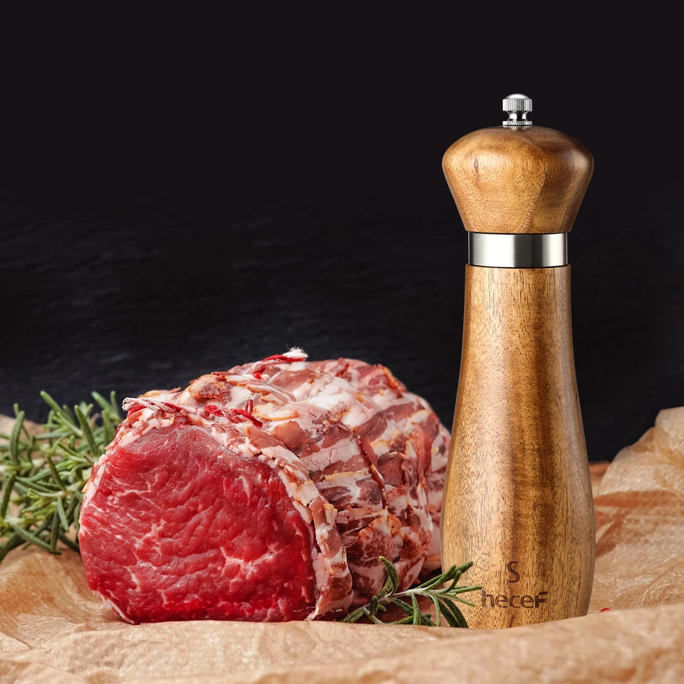 Juego de 2 molinillos de sal y pimienta madera de acacia 21 cm ajustable molino de especias de cerámica Foto 3 de 4