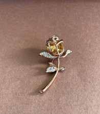 Rose Gold Tone Ornate Topaz Colored Flower Brooch with Pave Leaves