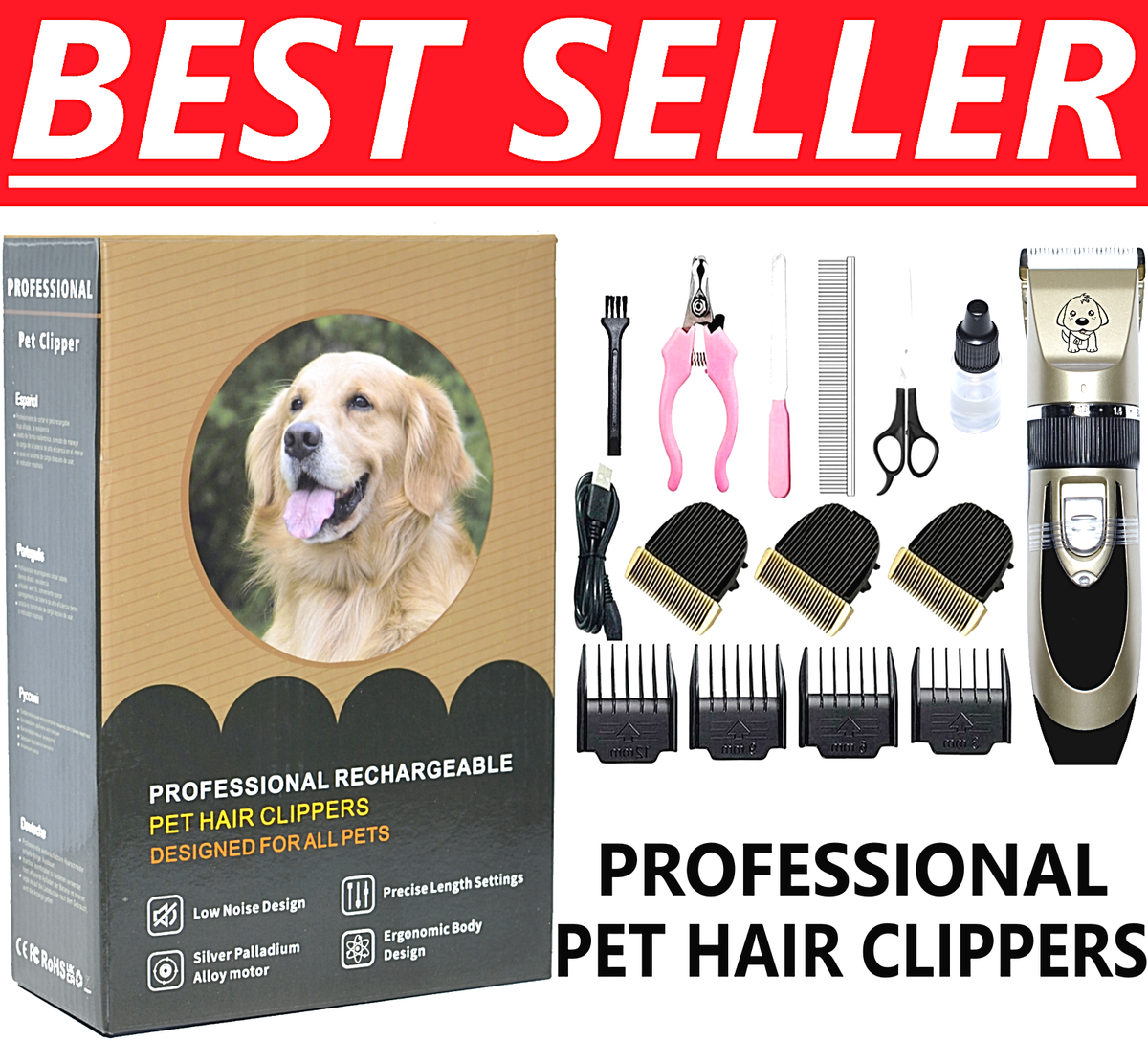 Dog Cat Pet Grooming Kit Rechargeable Cordless Electric Hair Clipper  Trimmer Set