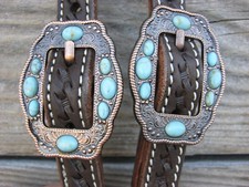 West 74 Dark Brown Leather 5/8" One Ear Copper Turquoise Cart Buckles Headstall