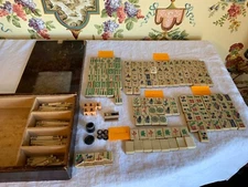 Antique Mahjong Mah-Jongg 148 tiles Bone and Bamboo with dice betting sticks