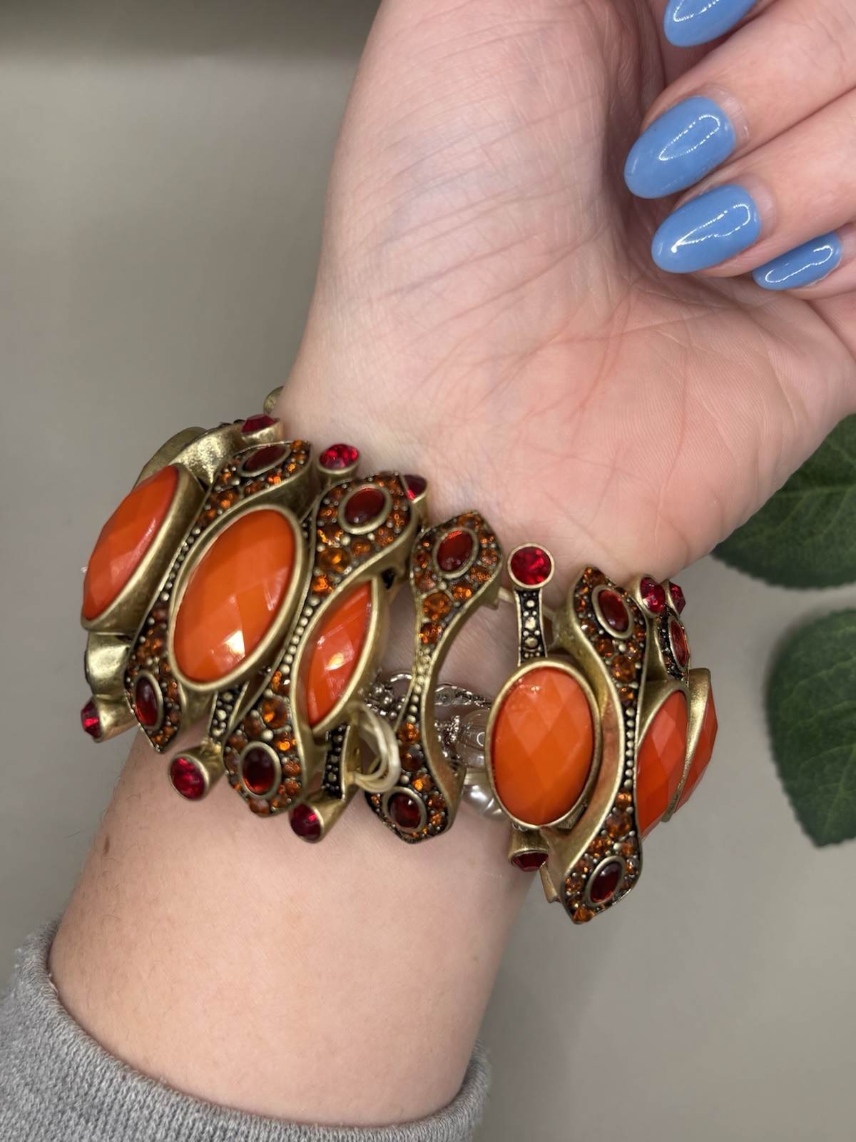 Bold Orange & Red Rhinestone Statement Stretch Br… - image 3