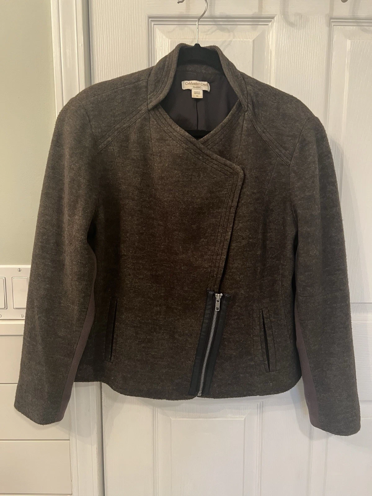 Coldwater Creek Jacket Women's 14 Olive Green Asymmetrical Zip Moto Style Zip