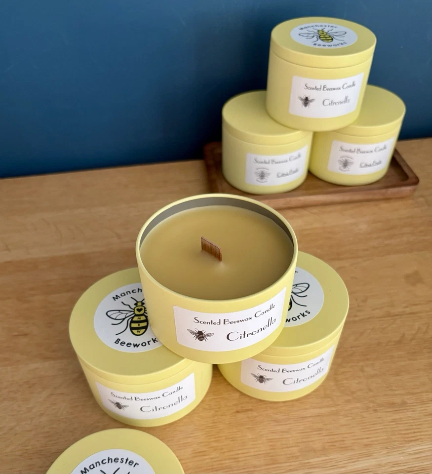 Large Citronella Beeswax Candle In Modern Yellow Tin With Wooden Wick. - Image 2 of 4