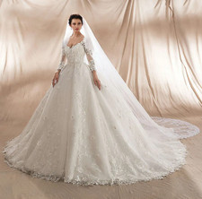 Princess Lace Appliques Wedding Dresses Long Sleeves V Neck Tulle Bridal Gowns