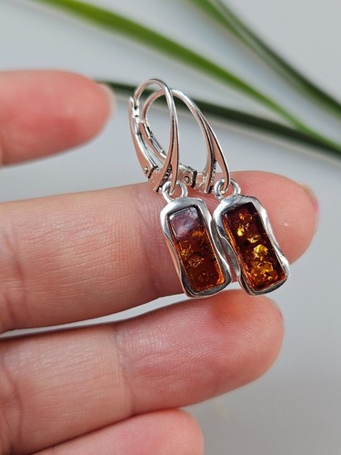 Small, light, rectangular silver earrings with amber crystals 925 earrings - Picture 3 of 7