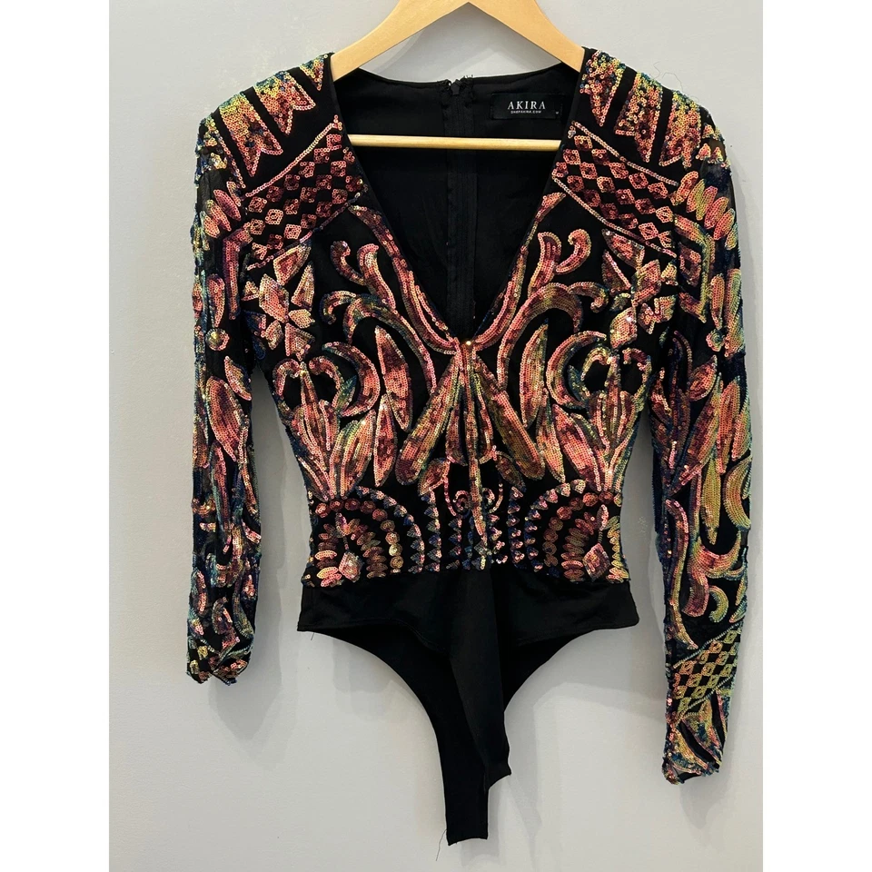 Akira Sequin Bodysuit Long Sleeve Festival Party Rave Clubwear - Image 4 of 4