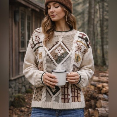 Vintage Patchwork Cable Knit Sweater Women Cottagecore Grandpa Core Earthy M