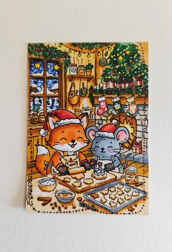 ACEO Original ART CARD OOAK Fox  Christmas Kitchen Cozy FairyCats Kawaii 