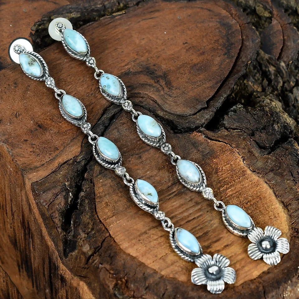 Aretes hechos a mano de plata de ley con piedras preciosas Fift para mamá Larimar de 4,50" Foto 3 de 4
