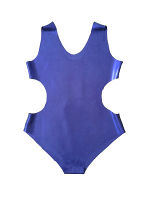 Latex Turnanzug Rubber Body Playsuit glänzend lila Sissy Rubberwear Badeanzug