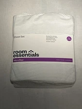 Twin Or XL Twin Size Bed Sheet Set, White W/Gray Pinstripes