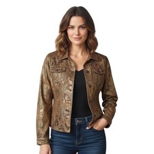 CHICO'S Jacquard Jacket BRONZE GOLD BROWN Animal  Floral Print SIZE 2 or US-L