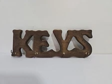 Wood Key Holder Wall Hanger 4 Hook  Spellout Keys 1970s 1980s Farmhouse Vintage