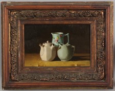 Antique Victorian Signed C.A Brown Still Life Oil Painting, Porcelain Pitchers