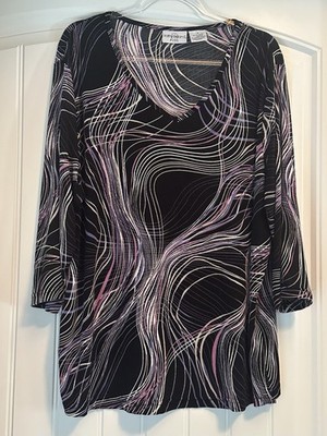 Kathy Ireland Plus Knit Black Multi Color V Neck 3/4 Sleeve Top 1X