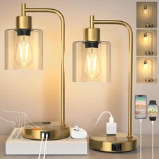 Qimh Set of 2 Industrial Touch Control Table Lamps with 2 USB Ports and 2 AC Out