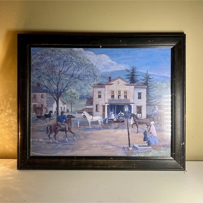 Katie Berry Signed Framed Folk Art Painting on Canvas - Horses, Carriage, People