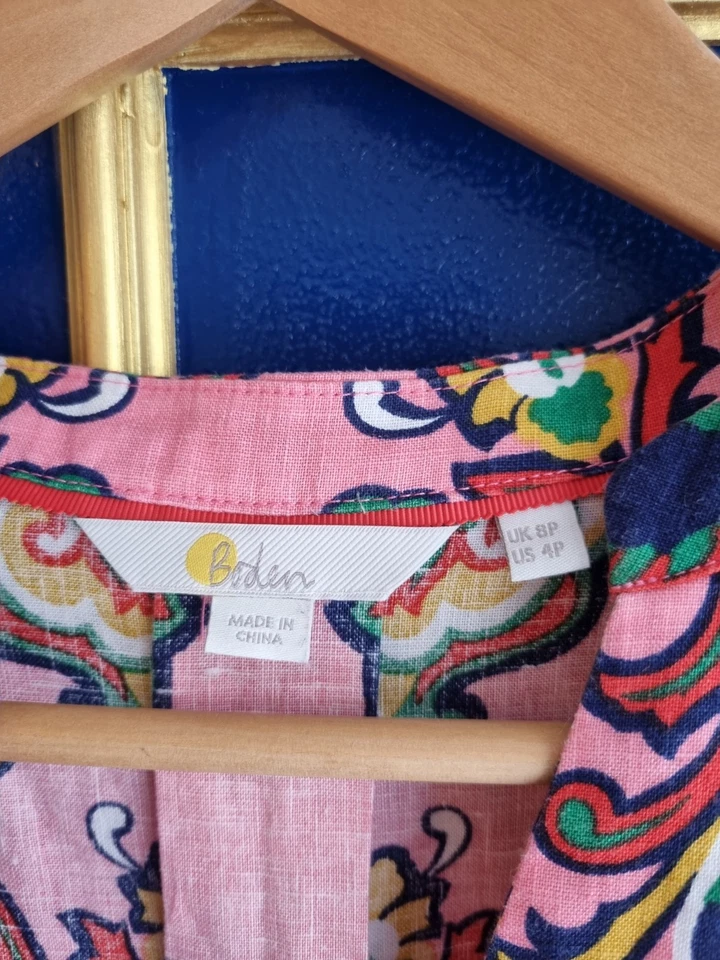 Impresionante Vestido Boden 100% Lino Retro Floral Rosa Corbata Cinturón Talla 8 Foto 3 de 4