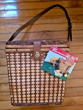 Vintage Brown Woven Wicker Picnic Basket with Original Dishes and Utensils