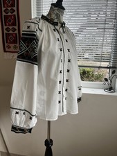 Ukrainian Style Vyshyvanka Cotton Blouse With Black Sleeve Embroidery Large Shir