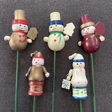 VTG HOLIDAY SNOWMAN Barware Wooden Hand painted Cocktail SWIZZLE STICKS SET/5