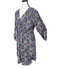 Daniel Rainn Blue Paisley Faux Wrap Mini Dress Med V-Neck Roll-Tab Sleeves Fall