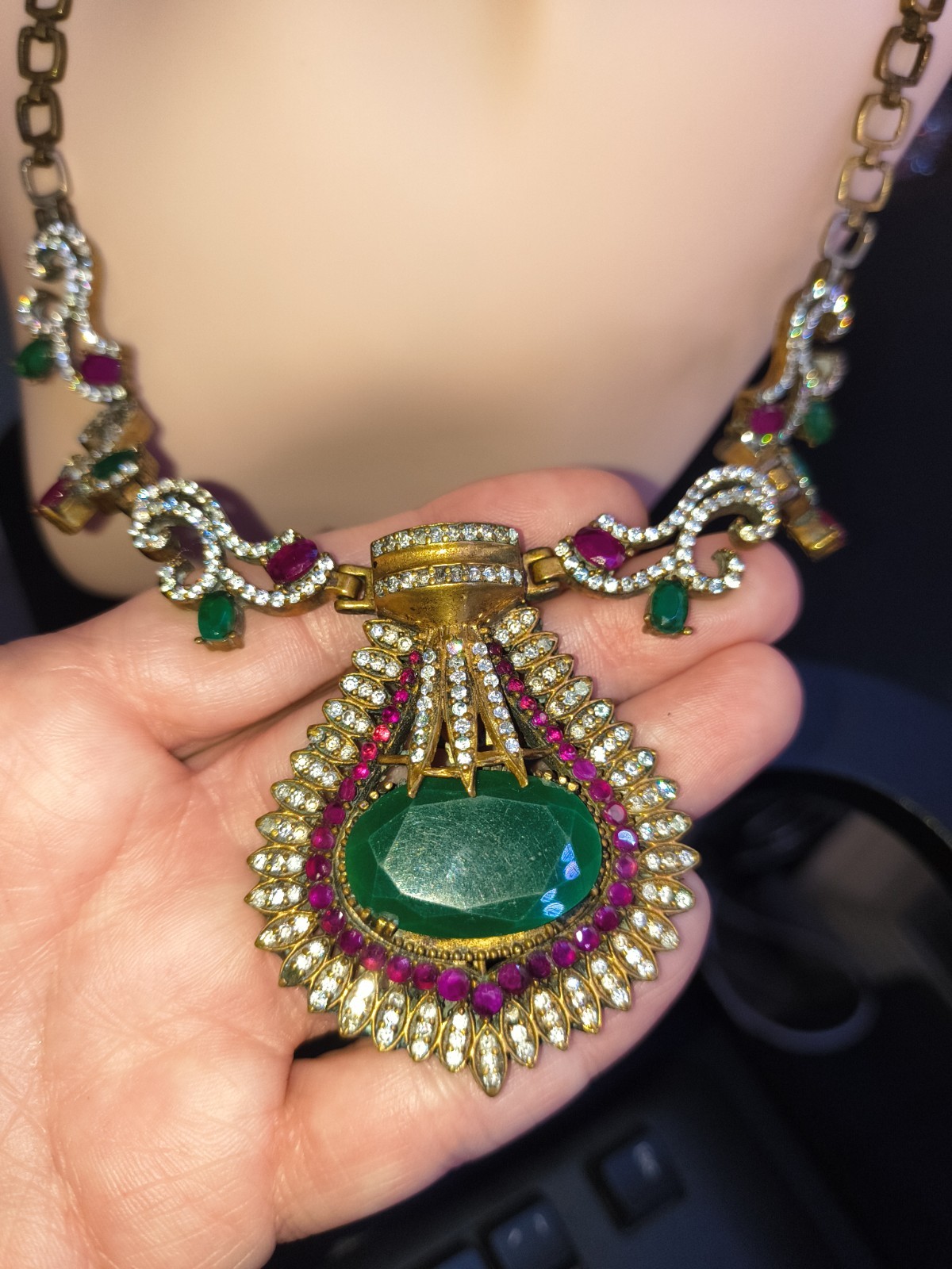 Vintage Emerald Ruby Sterling Silver Statement Ne… - image 5