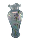 VTG FENTON Irises On Misty Blue Iridescent  11" Feather Vase Signed S. Stephens