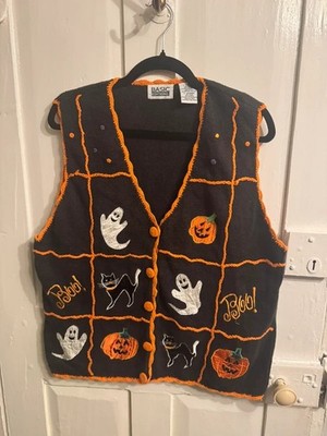 Vintage 90er Basic Edition Halloween Geist Kürbis Katze Strickweste L