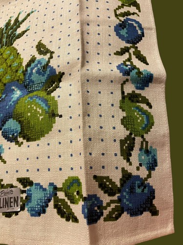 Parisian Prints 100% Linen Large 16” X 28.75” Green & Blue Fruit Dish Tea Towel - Picture 2 of 4
