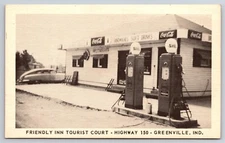 Friendly Inn Tourist Court Greenville Indiana IN Shell Gas Station c1950 PC