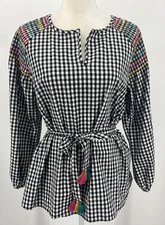 Madewell Top Womens Medium Black White Check Smocked Tassel Tie Belted Boho