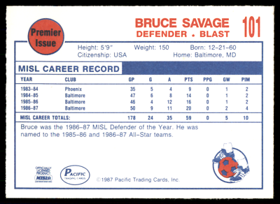 1987-88 Pacific #101 Bruce Savage - Baltimore Blast MISL Indoor
