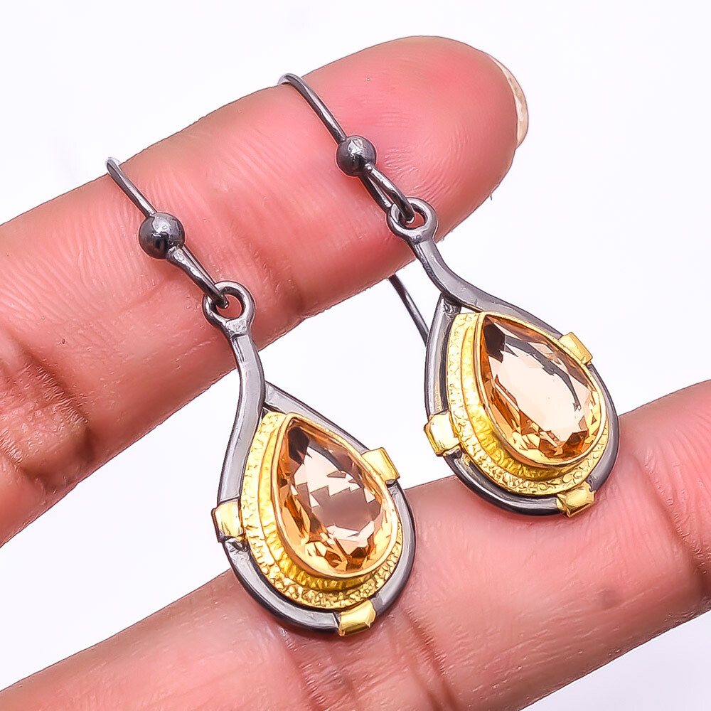 Citrine 925 Sterling Silver Black Gold Rhodium Plated Earrings 1.76 Inch E4