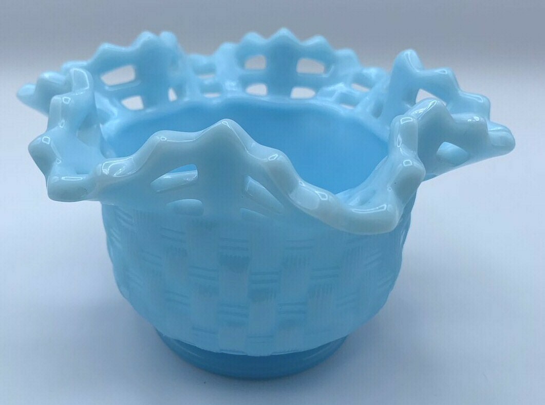 Vintage Fenton Blue Satin Glass Bowl Basket Weave Open Fret Edge