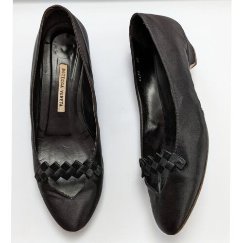 Vintage Bottega Veneta Satin Slip On Round Toe Heel Black Size 6
