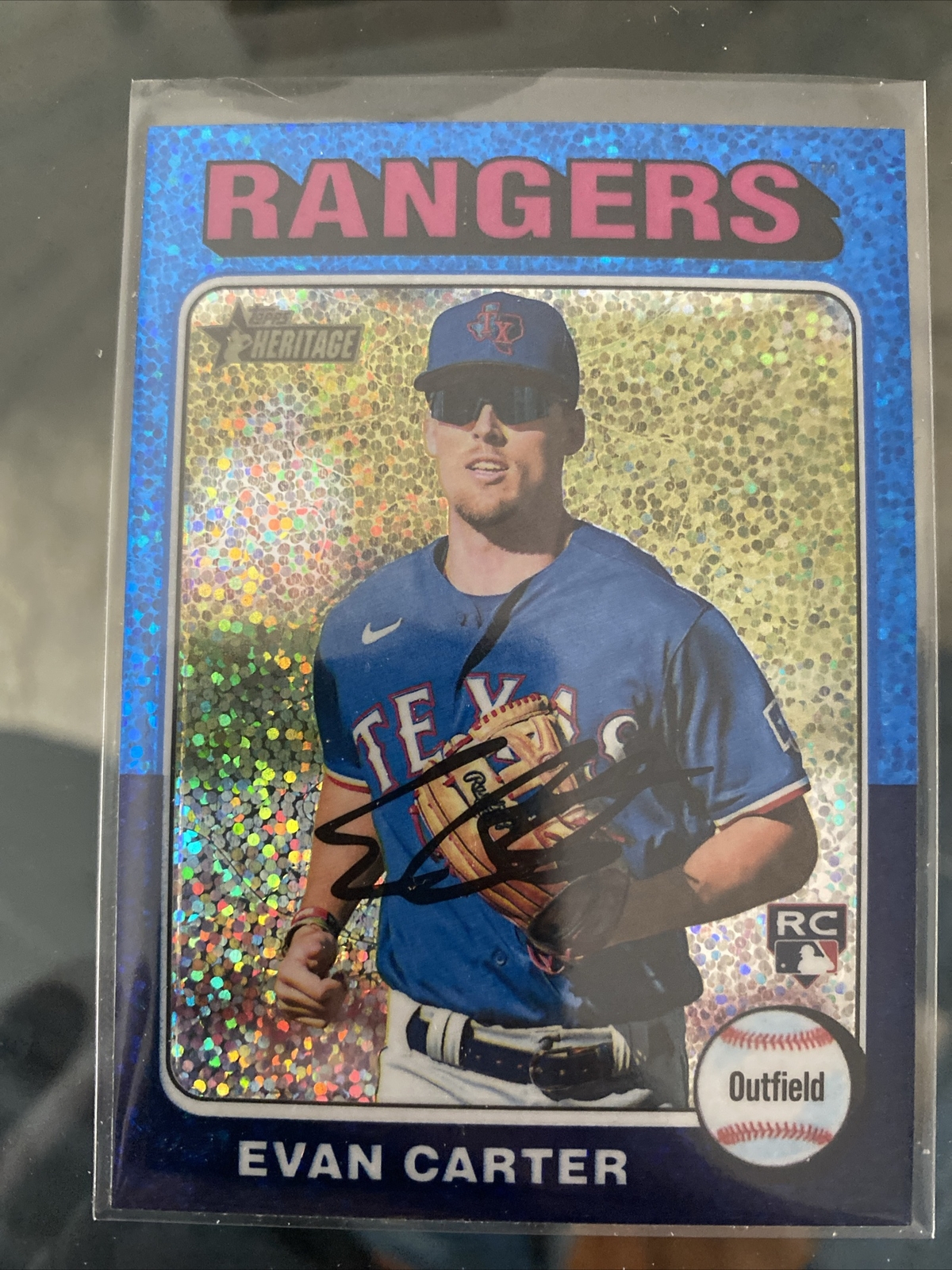 2024 Topps Heritage Evan Carter RC Chrome Blue Sparkle Refractor #170 Rangers