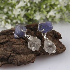 Raw Tanzanite and Herkimer Diamond Earring 925 Silver Gemstone Drop Earrings