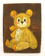 Vintage Original Teddy Bear Painting on Board Wood 1960s 1970s Toy Signed Artist