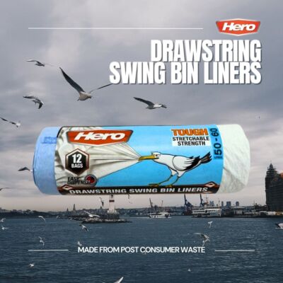 Hero 60L Swing Müllbeutel Einlagen mit Griffen Müllsäcke Kordelzug 12er Pack